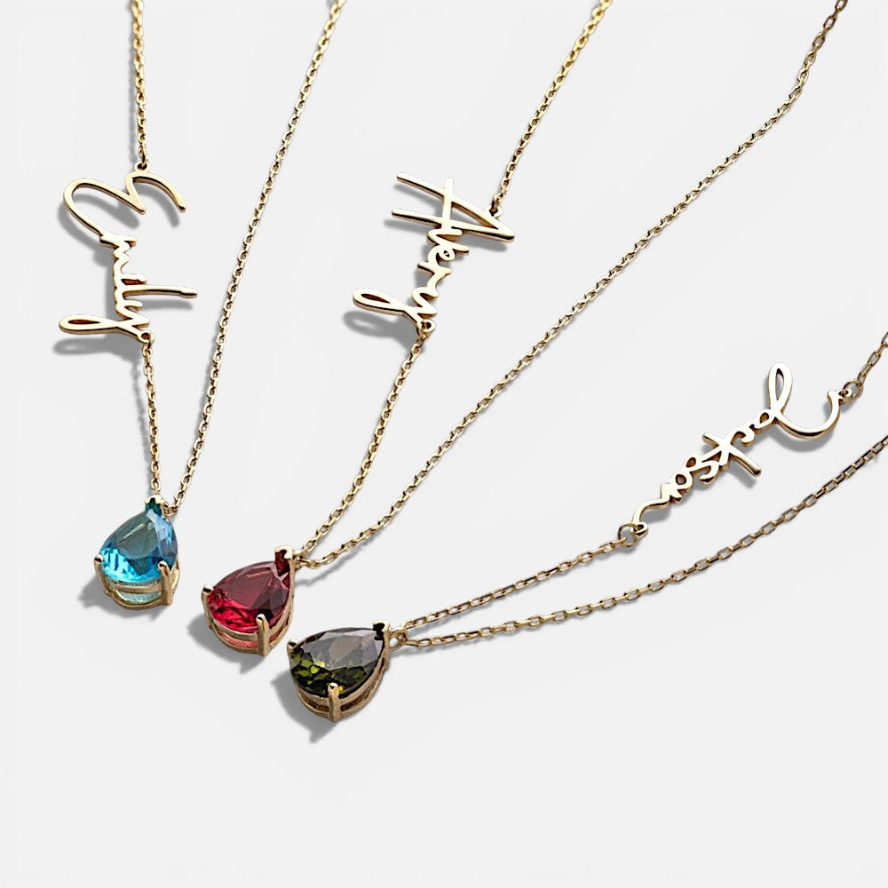 Teardrop Name Birthstone Necklace – gold