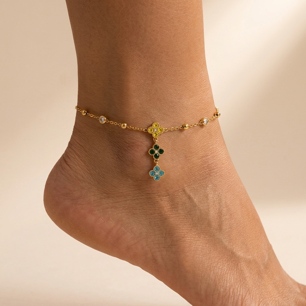 Ivy Crystal Clover Drop Anklet