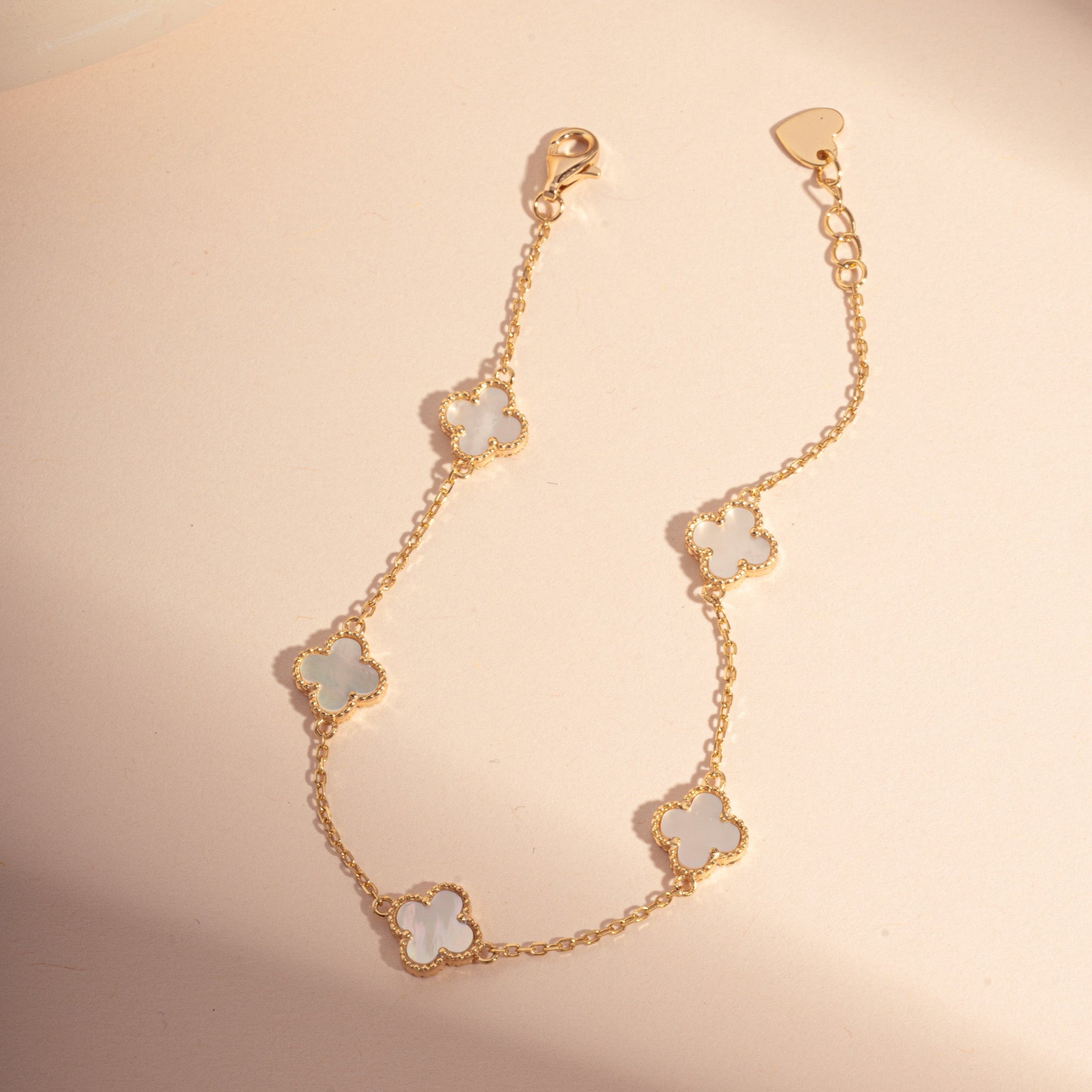 Dainty Mother of Pearl Clover Charm Bracelet