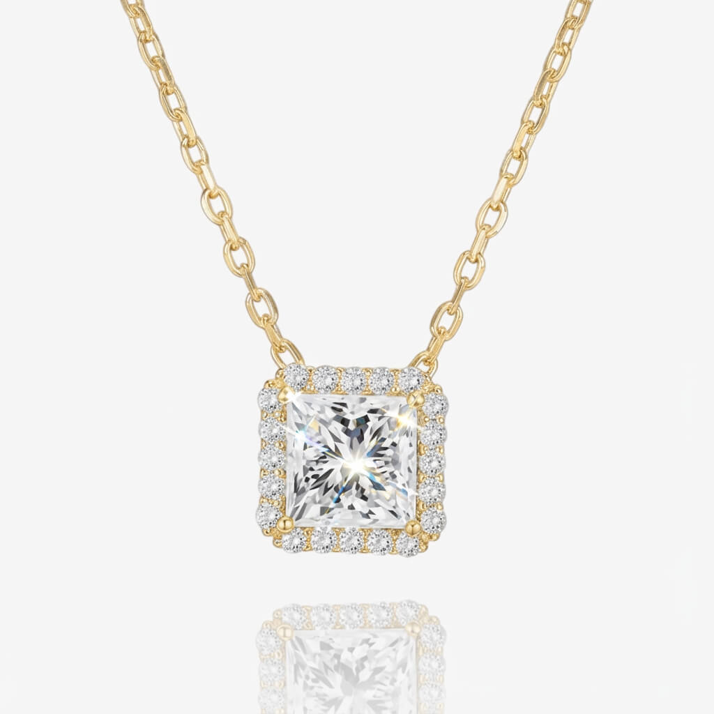 Square Halo Pendant Necklace – Yellow Gold