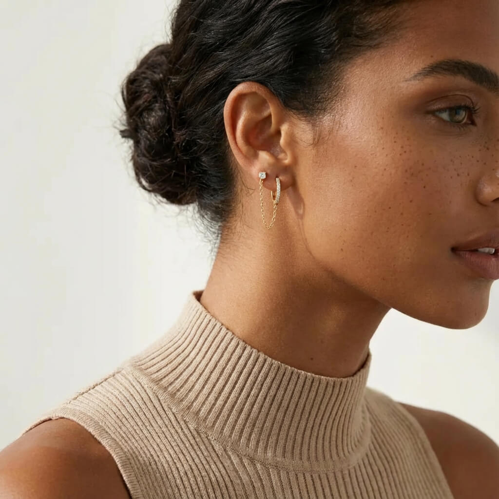 Chained Huggie Hoop CZ Earrings