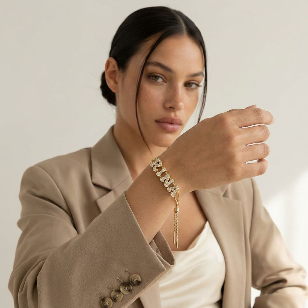 Pavé Bubble Letter Double Chain Bracelet