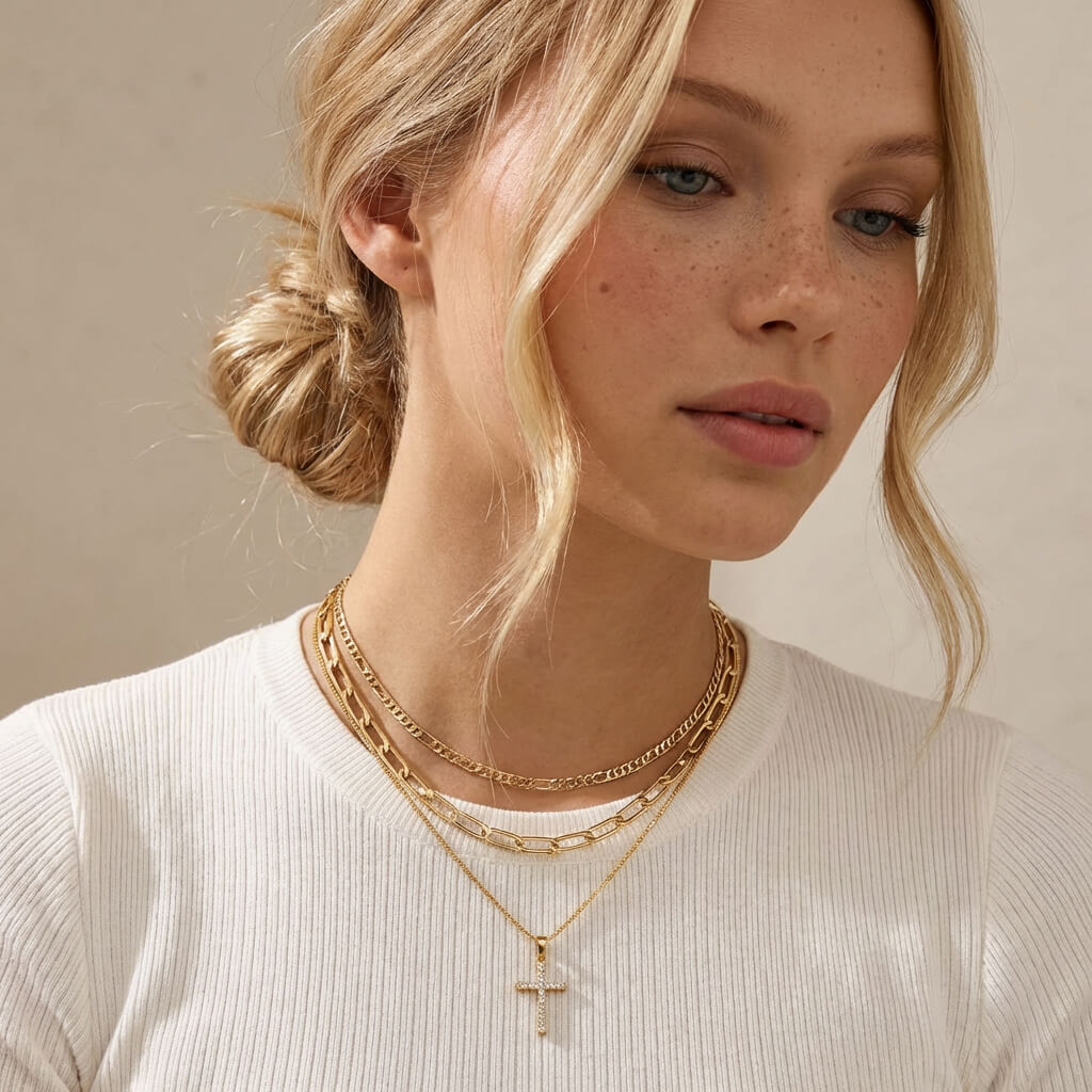 Layered Cross Necklace Set – 3 Piece – Gold