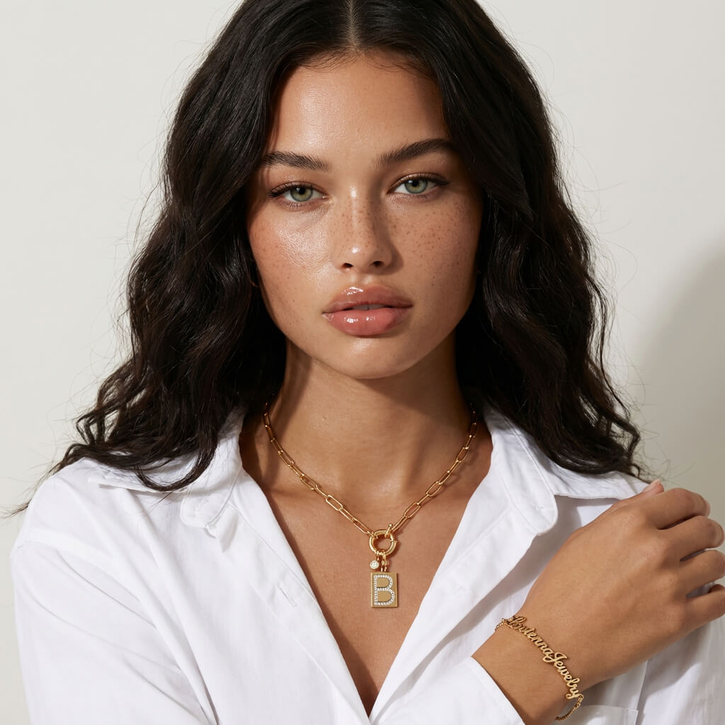 Pavé Initial Pendant Necklace with Paperclip Chain