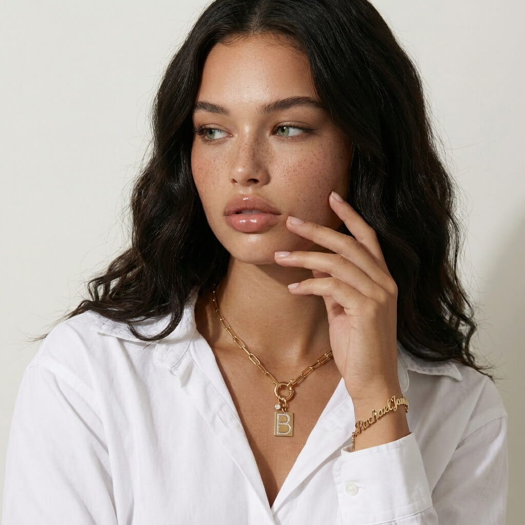 Pavé Initial Pendant Necklace with Paperclip Chain