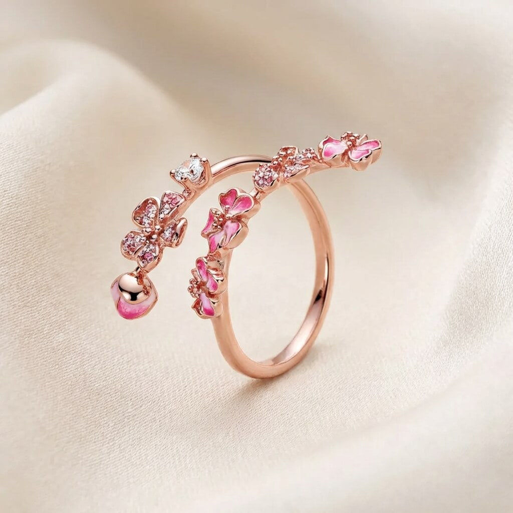Pink Cherry Blossom Branch Open Ring