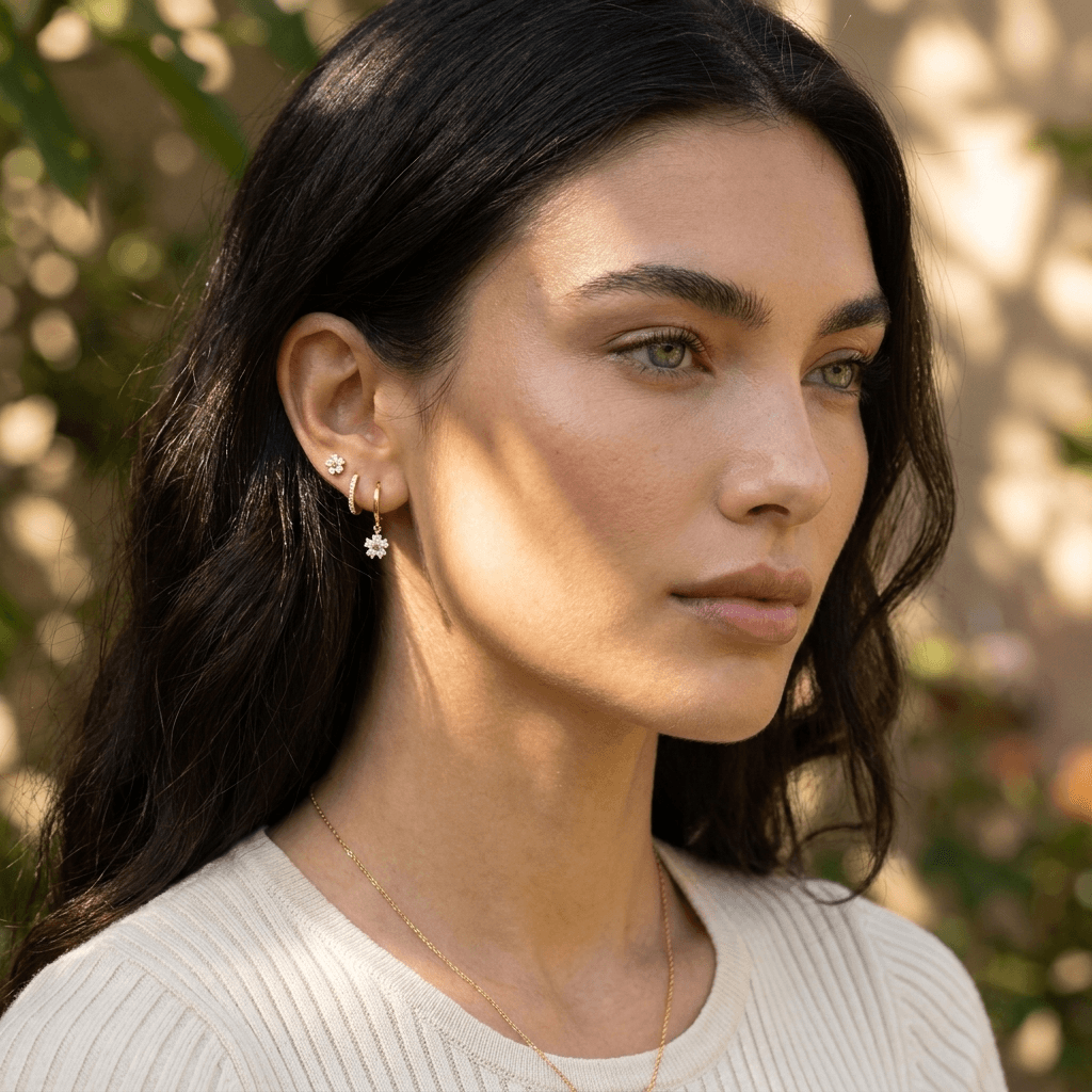 Gold Crystal Flower Stud and Hoop Earrings Set