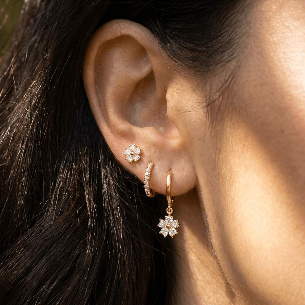 Gold Crystal Flower Stud and Hoop Earrings Set