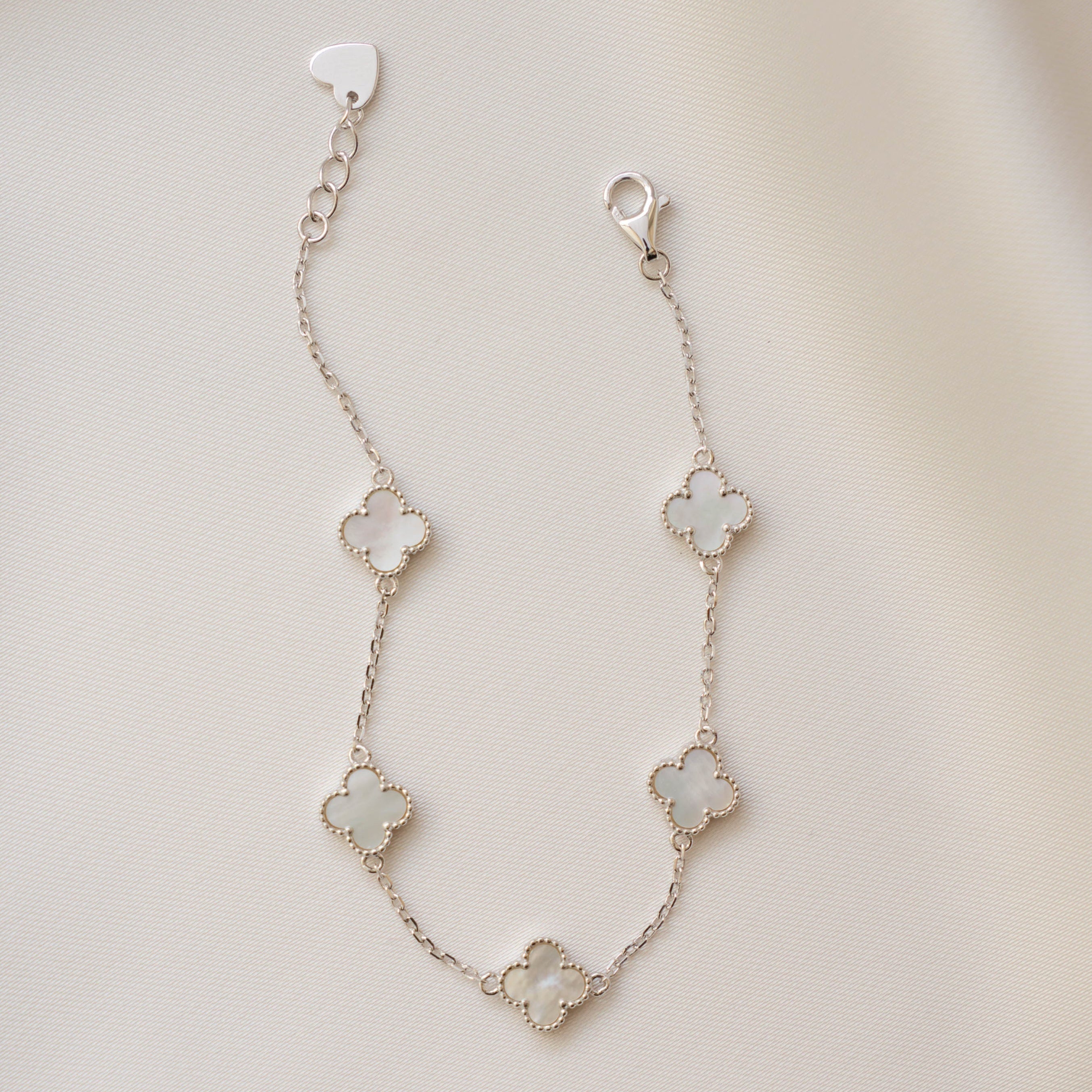 Dainty Mother of Pearl Clover Charm Bracelet